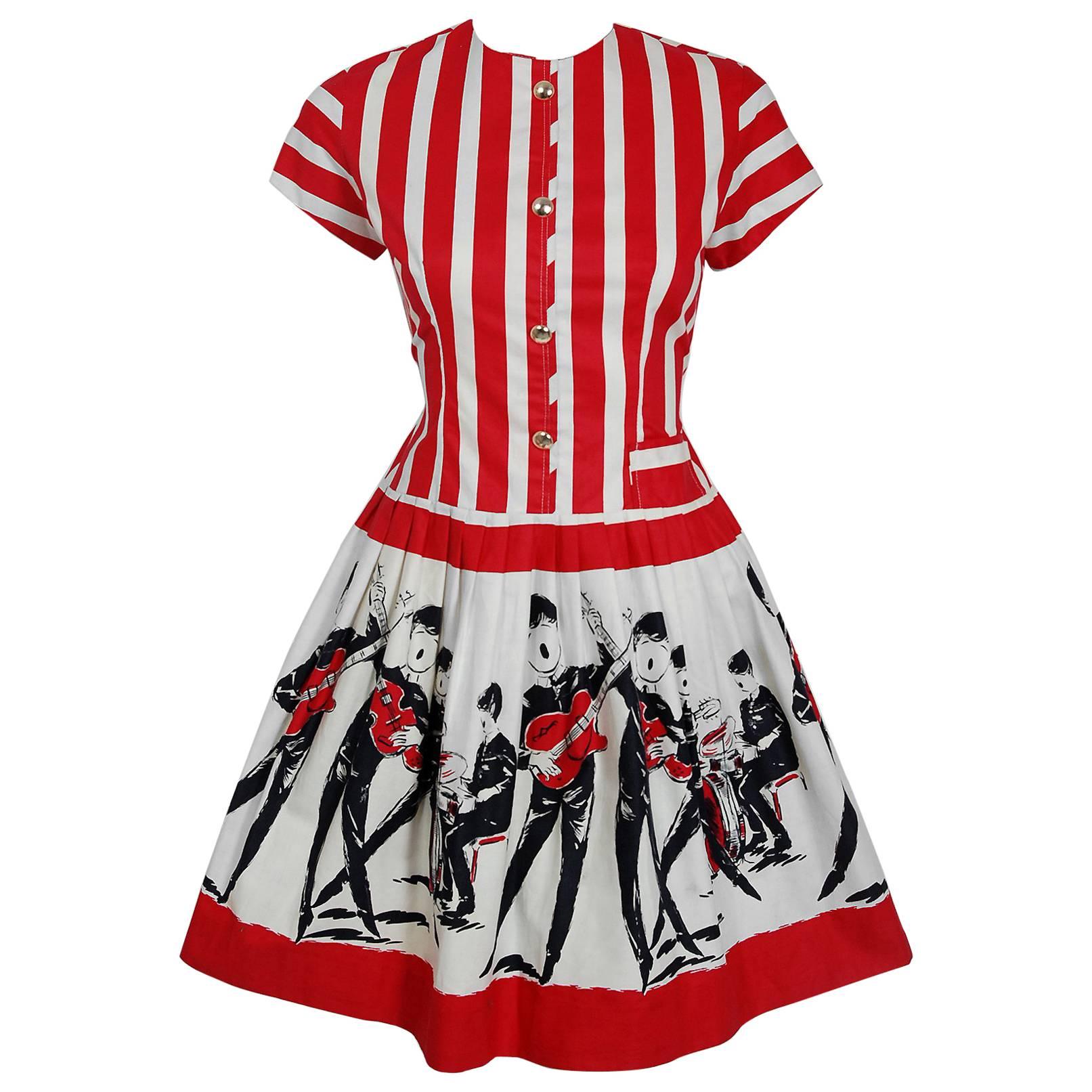 1965 Beatles Memorabilia Novelty Print Striped Cotton Belted Full Skirt Dress 