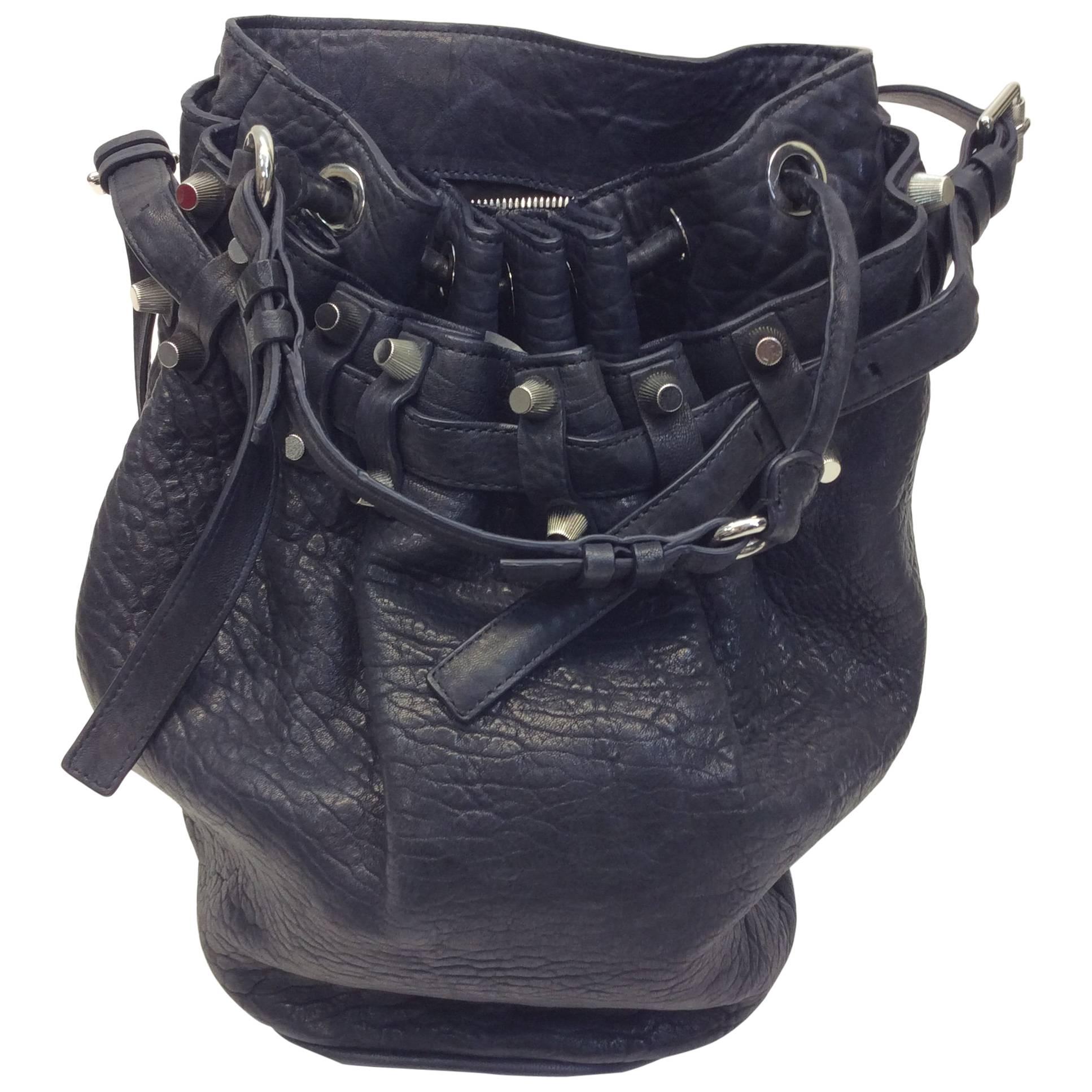 Alexander Wang Navy Studded Leather Bucket Bag For Sale