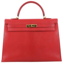 Hermes Kelly Handbag Rouge Vif Chevre de Coromandel with Gold Hardware 35