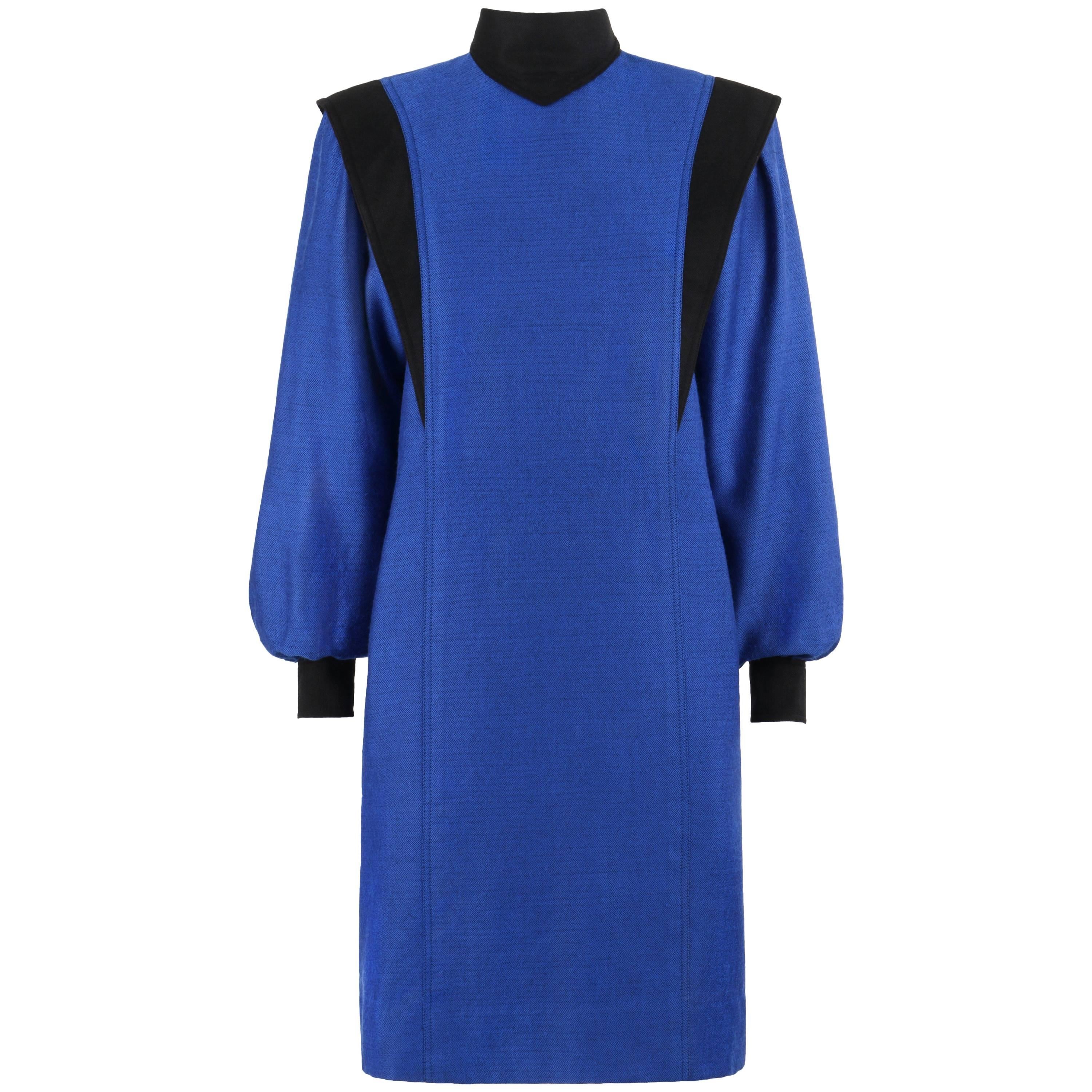 BALENCIAGA c.1980's Blue & Black Wool Herringbone Bishop Sleeve Shift Dress