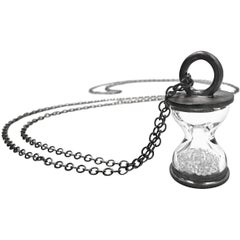 Black Silver Floating Crystals Hand-Blown Hourglass Long Necklace