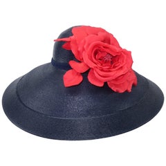 Patricia Underwood Blue Straw Wide Brim Hat With Rose, 1980s 