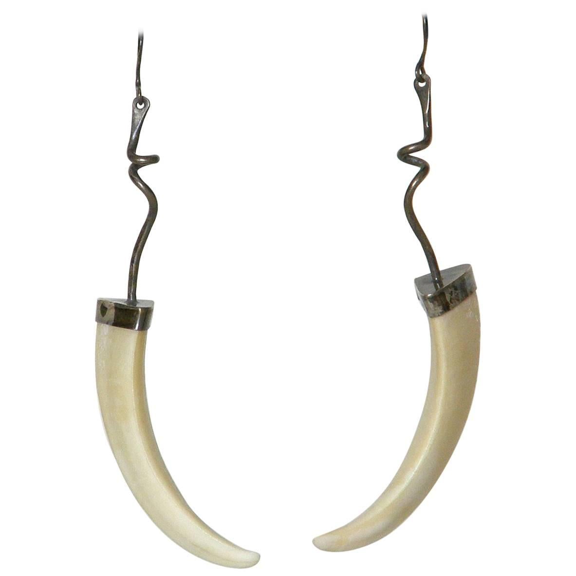 Boar Tusk and Sterling Earrings by Chicago Jeweler Theodore Drendel  For Sale