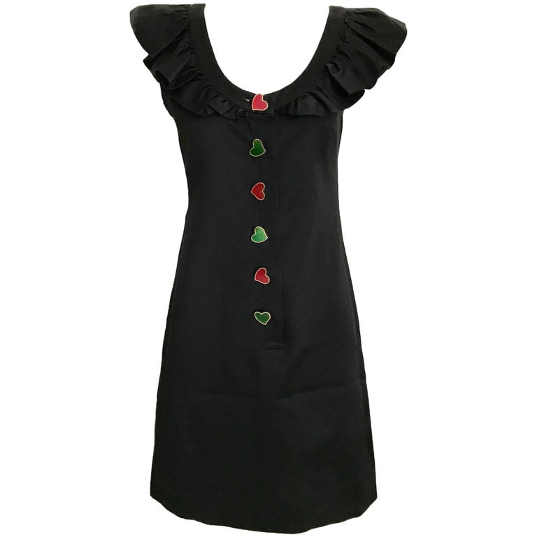 Yves Saint Laurent Black Cotton Dress with Colorful Heart Buttons, 1980s For Sale