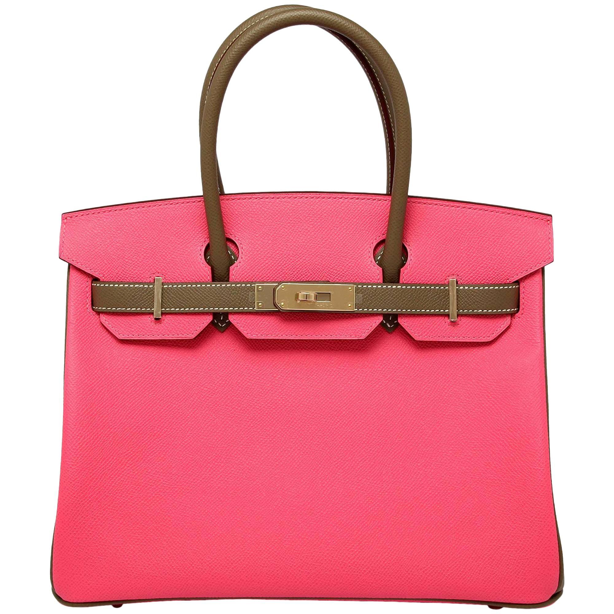 Hermes Rose Azalea Etoupe 30cm epsom permabrass hardware Horseshoe Birkin Bag For Sale