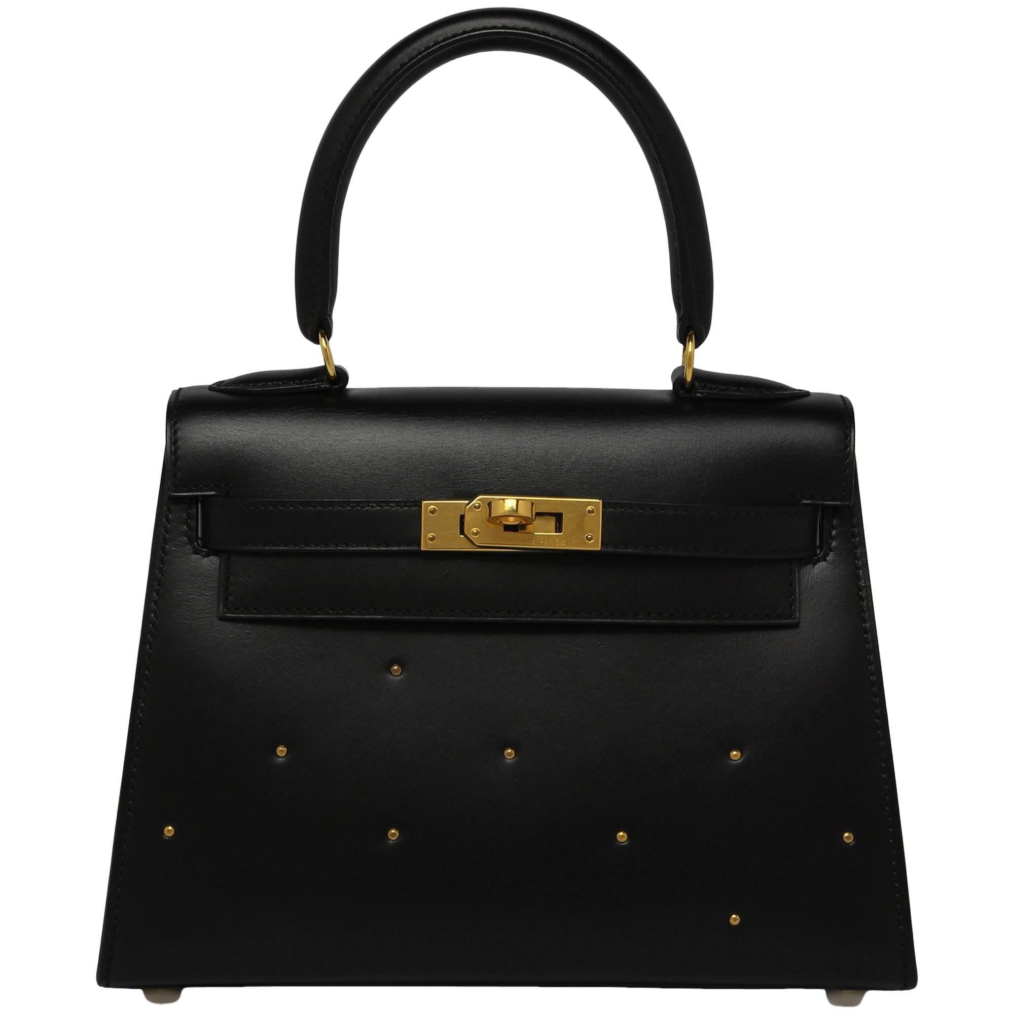 Hermes Vintage Black Box With Gold Studs 20cm Kelly Bag For Sale