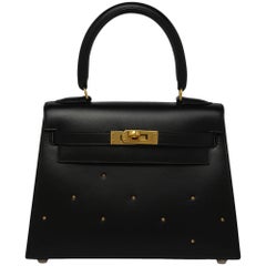 Hermes Vintage Black Box With Gold Studs 20cm Kelly Bag