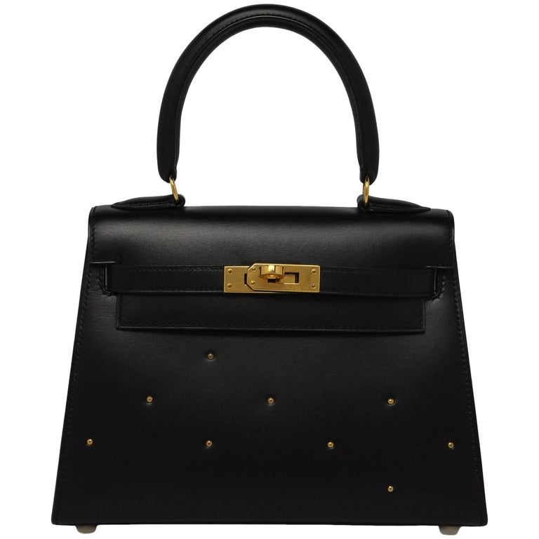 Hermes Vintage Black Box With Gold Studs 20cm Kelly Bag For Sale at