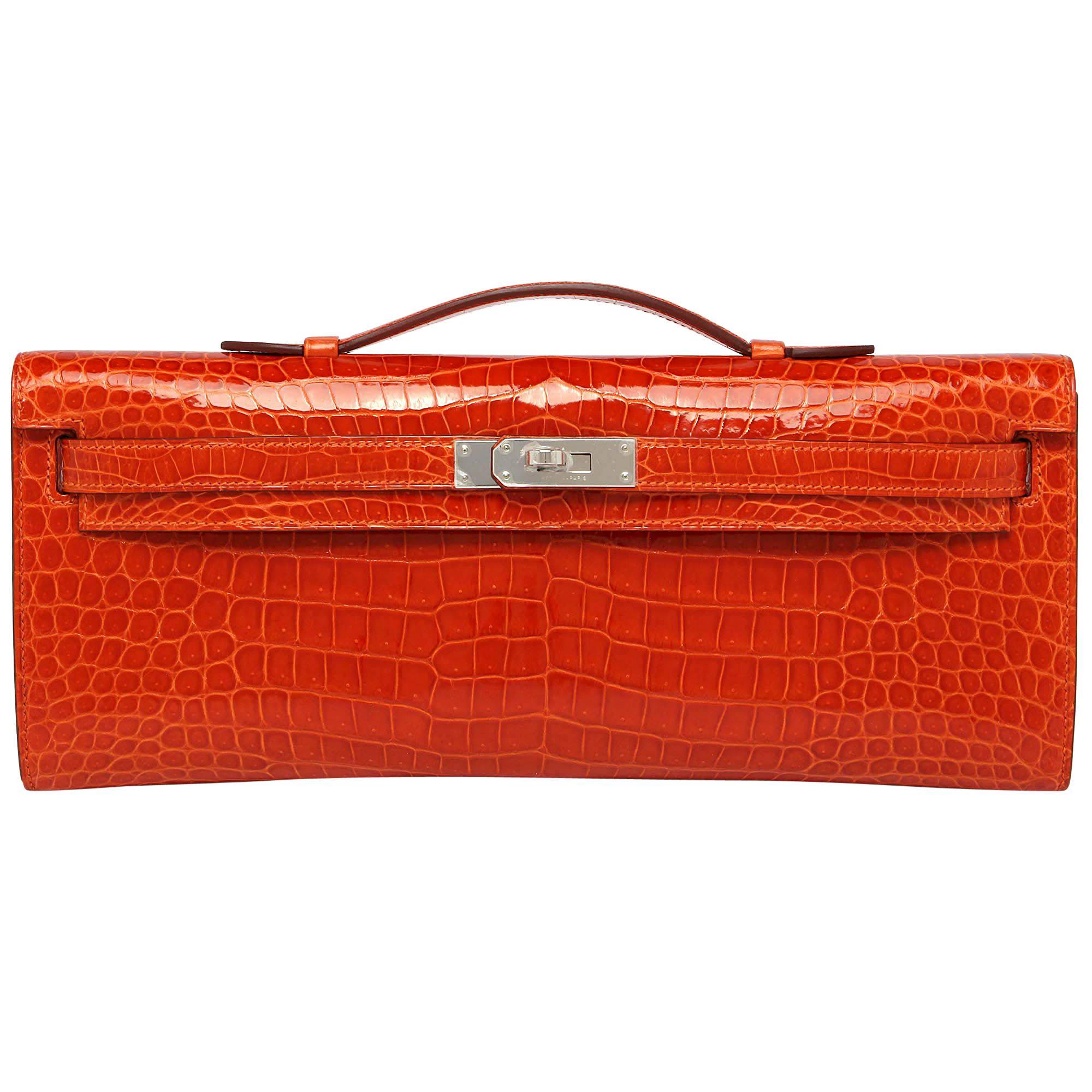 Hermes Kelly Cut Orange Shiny Porosus Croc with Palladium  For Sale