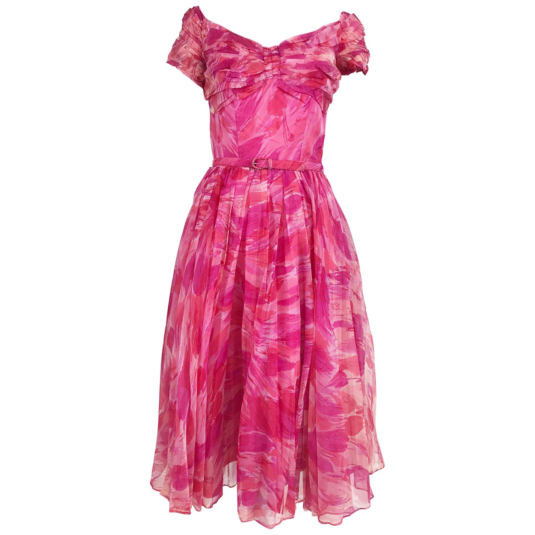 Hot pink modernist floral print off the shoulder early 1960s organza dress