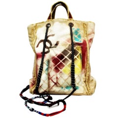 Chanel Graffiti Coco Cc Multicolor Quilted Painted Shoulder Beige Canvas Tote