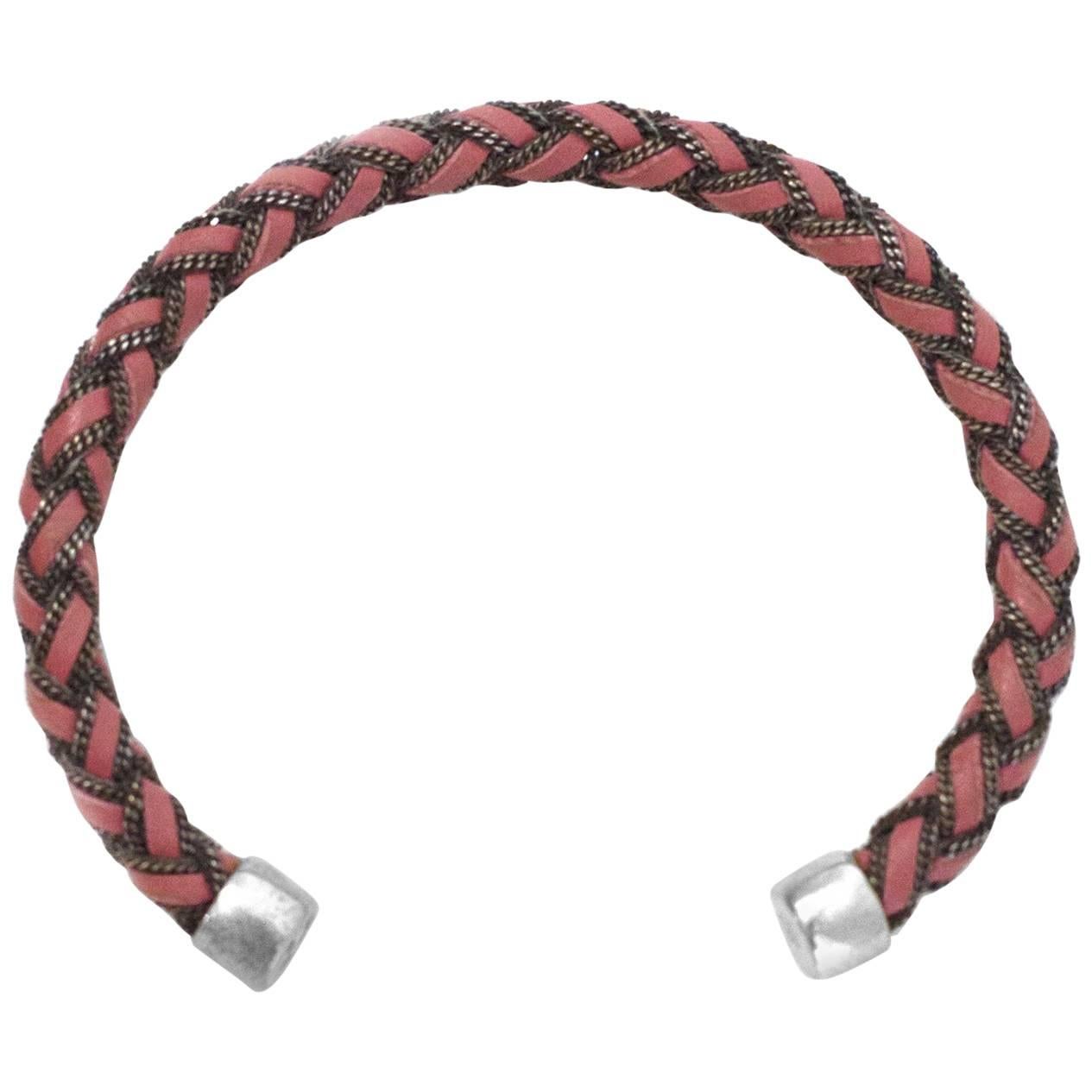 Bottega Veneta Pink Leather & Sterling Silver Braided Chain Cuff Bracelet