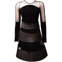 David Koma Black Silk & Lambskin Sheer Sleeve Layered Dress 