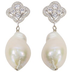 Pearl and Faux Diamond Drop Sterling Silver Statement Earrings