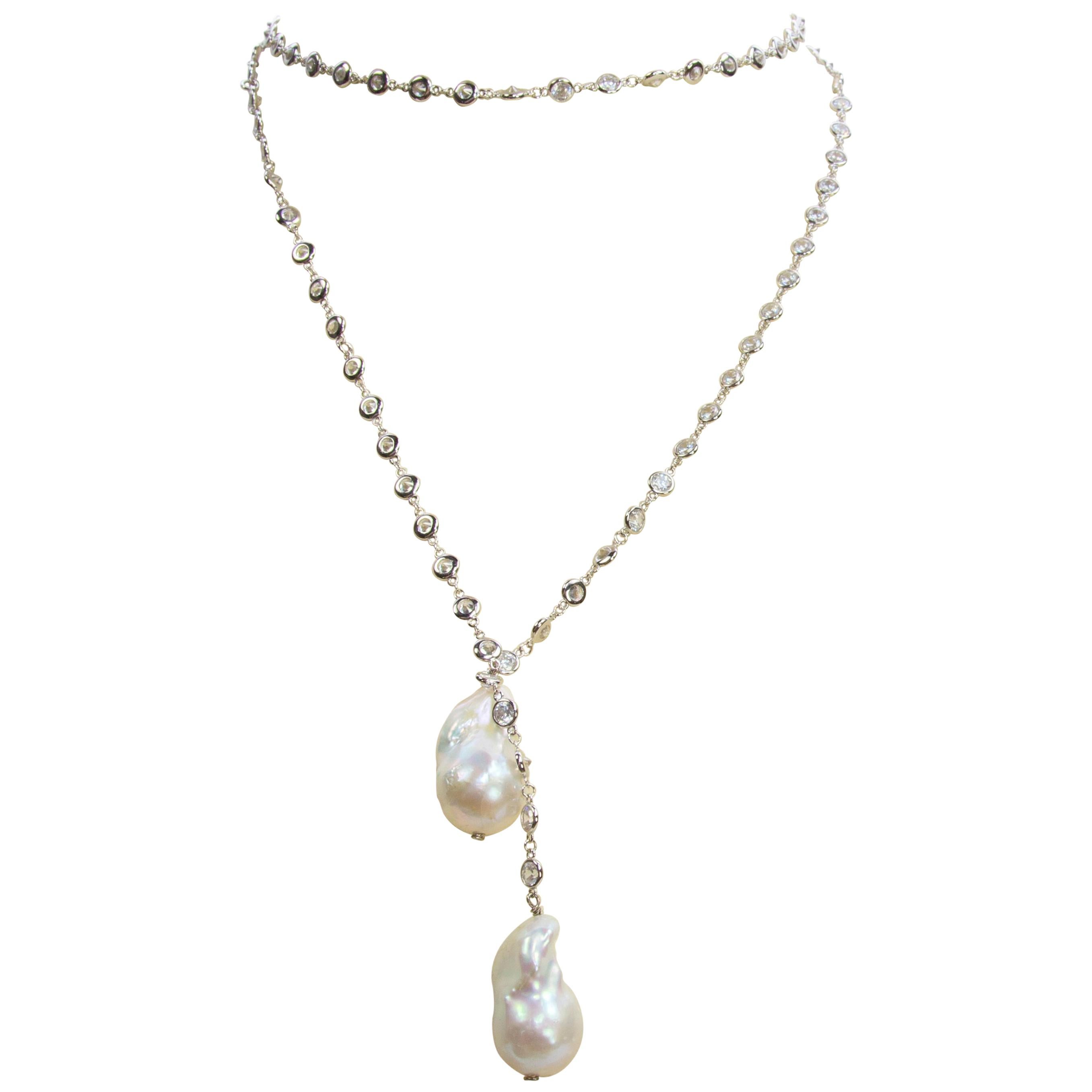 Striking Faux Diamond Baroque Pearl Lariat Sterling Silver Runway Necklace