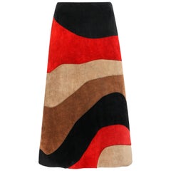 ANNE KLEIN c.1970's Red Black Brown Colorblock Suede Leather A-Line Skirt