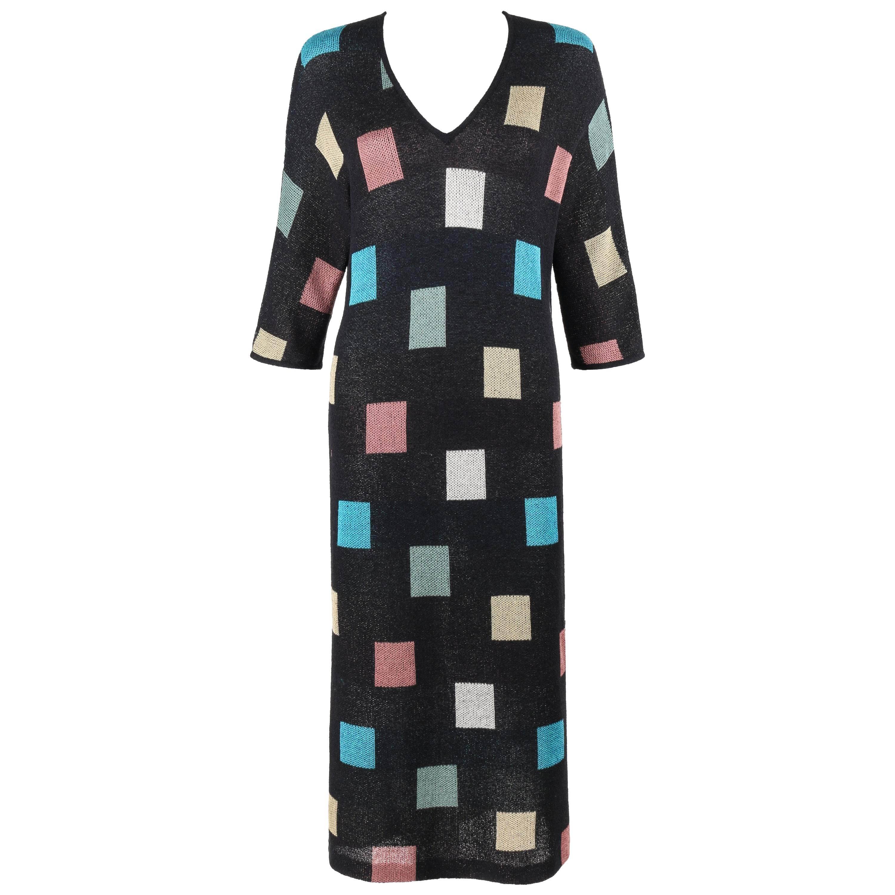 MISSONI S/S 1984 Black Multicolor Square Pattern Knit V Neck Maxi Dress