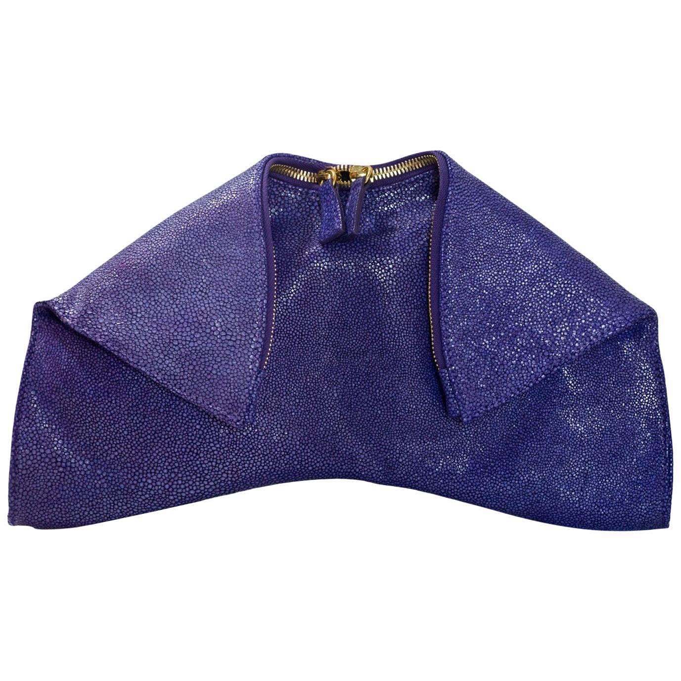 Emily Cho Purple Embossed Stingray Folded Clutch with Dust Bag rt. $595