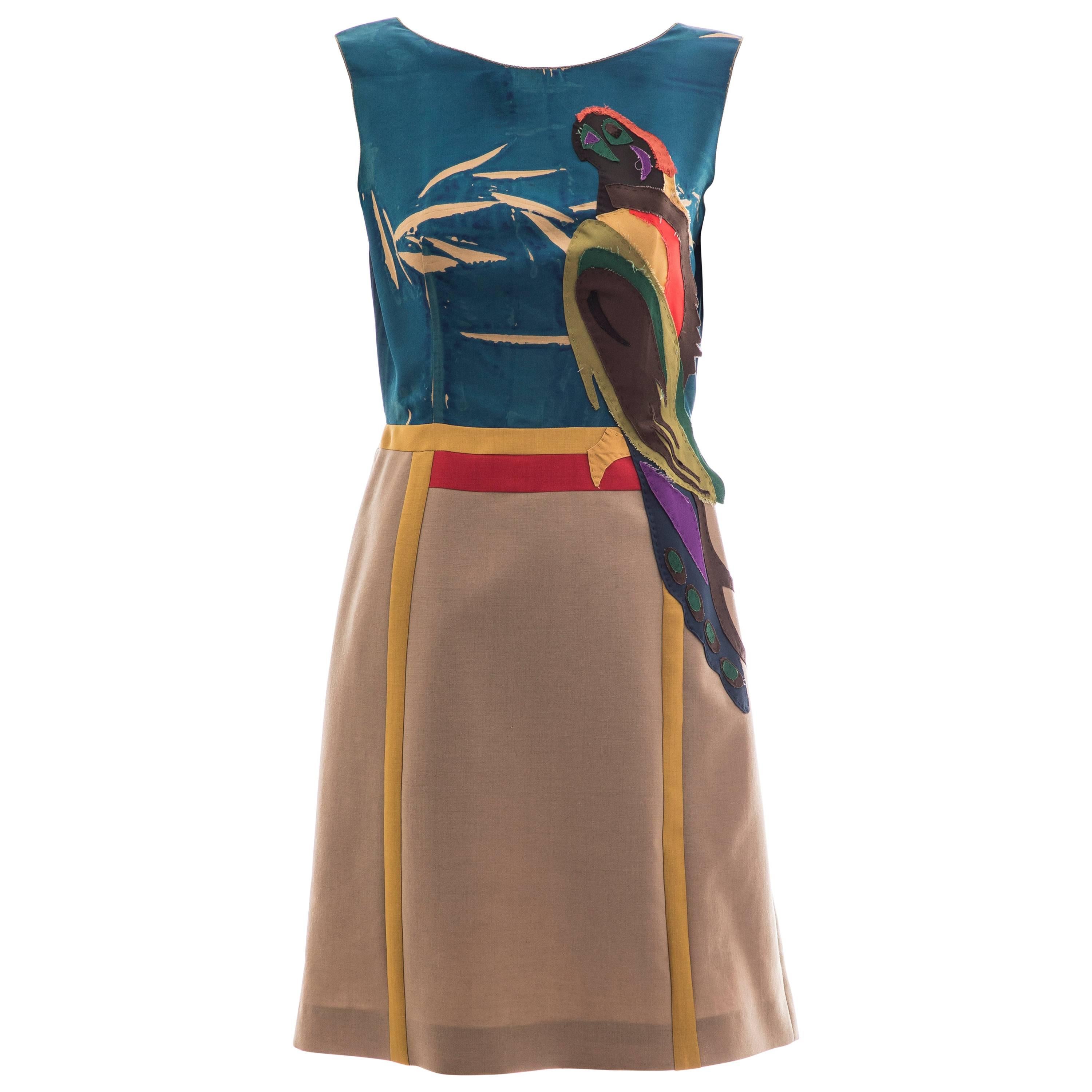 Prada Runway Sleeveless Silk Mohair Dress Applique Parrot Motif, Spring 2005