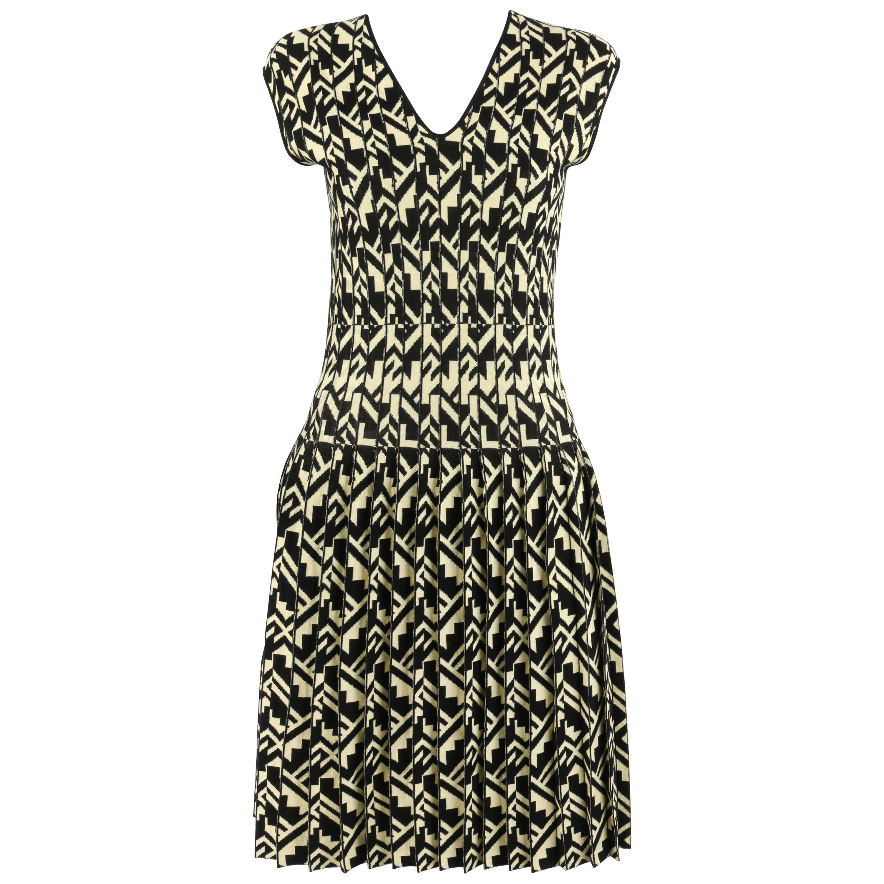 ETRO Black & Soft Yellow Geometric Knit Drop Waist Pleated Cocktail Dress NWT