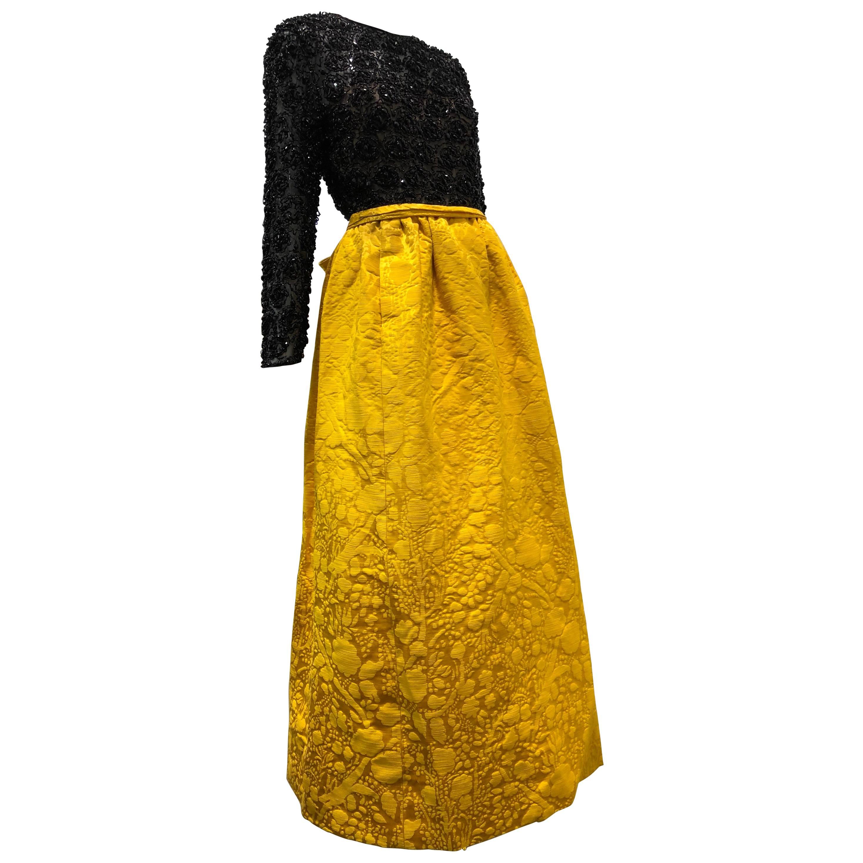 Sheer Black Beaded Silk Chiffon and Marigold Jacquard Gown, 1960s