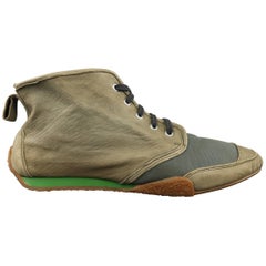 Hommes MARNI Taille 10 Olive & Gris Color Block Cuir & Canvas Boot Sneakers