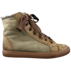 BRUNELLO CUCINELLI Size 8 Tan Color Block Shearling Leather High Top Sneakers