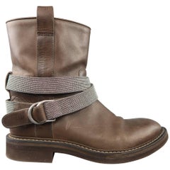 BRUNELLO CUCINELLI Size 6.5 Brown Leather Beaded Monili Strap Biker Boots