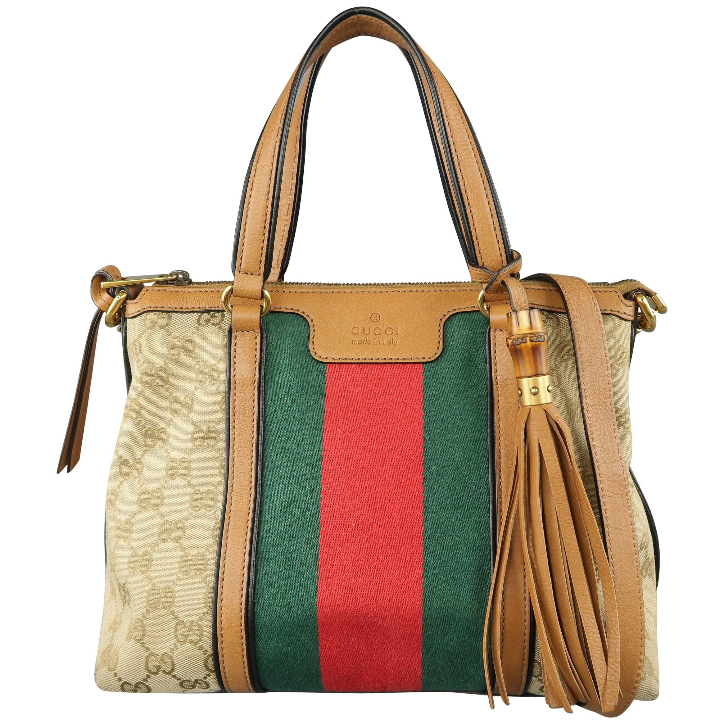 Gucci Monogram Canvas Tan Leather Green and Red Stripe Tassel Handbag