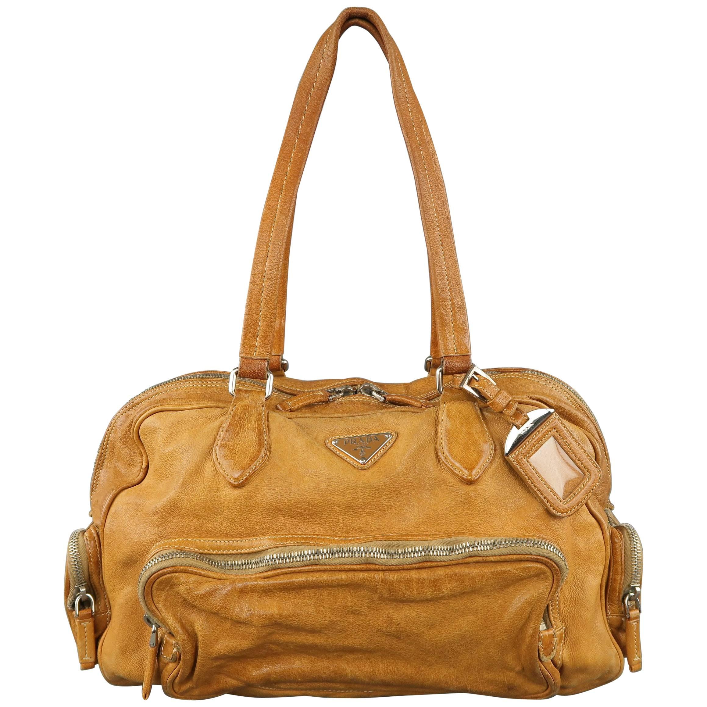 PRADA Tan Aged Leather Zip Pocket Shoulder Handbag