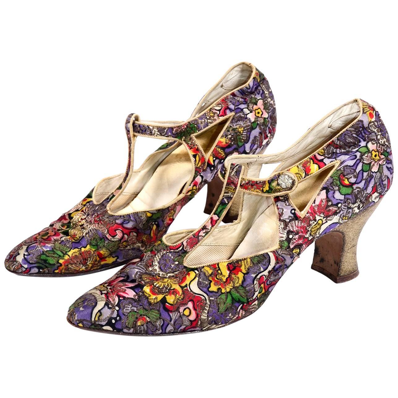 O'Connor & Goldberg Edwardian or 1920s Floral Metallic Gold Brocade Shoes 