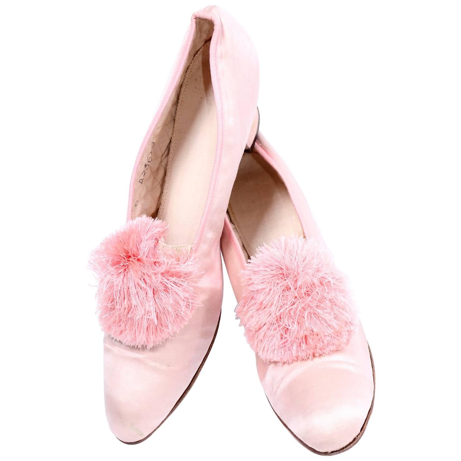 Marshall Field Edwardian Pink Satin Vintage Shoes With Pom Poms 7