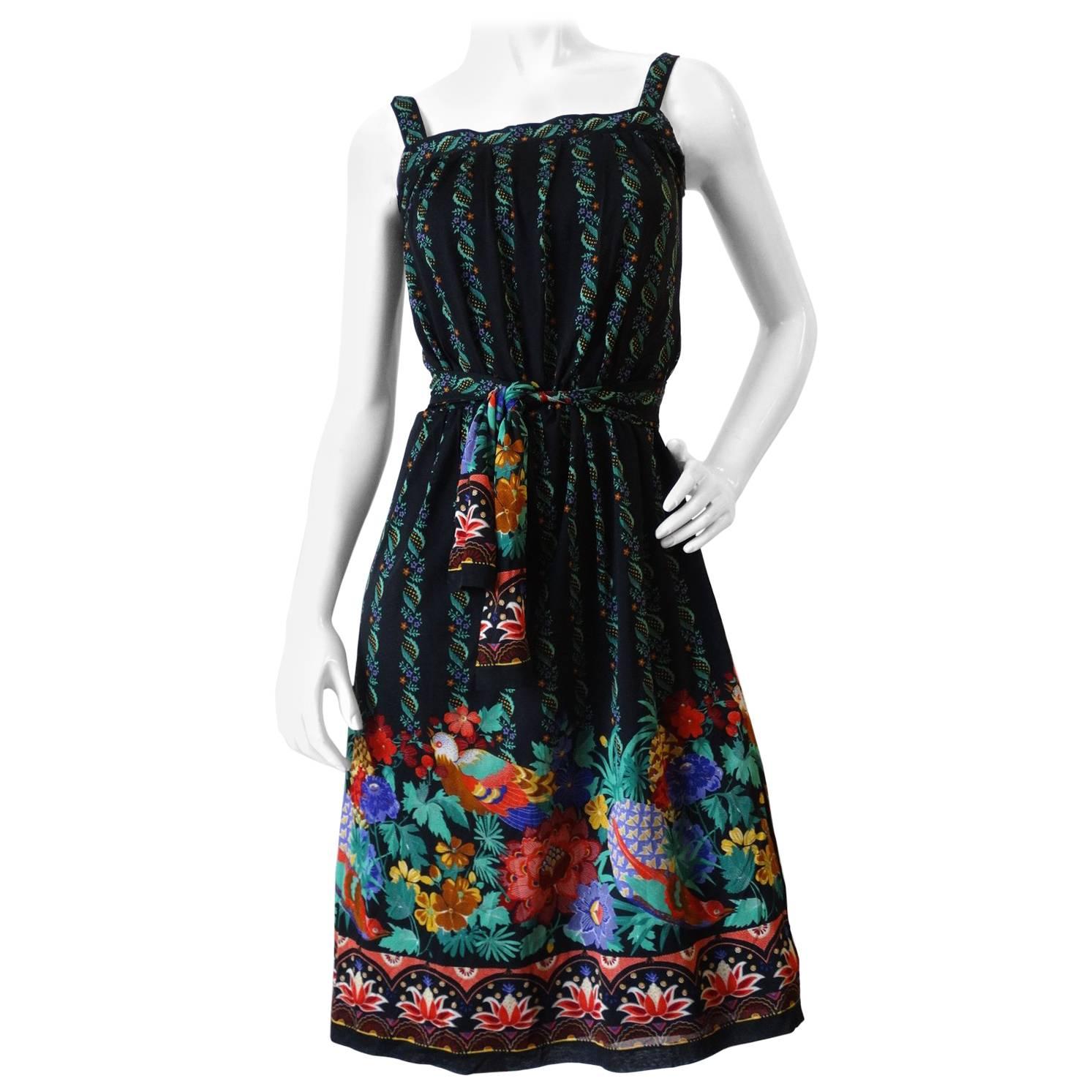 1970s Gottex Black Floral Printed Dress For Sale at 1stDibs