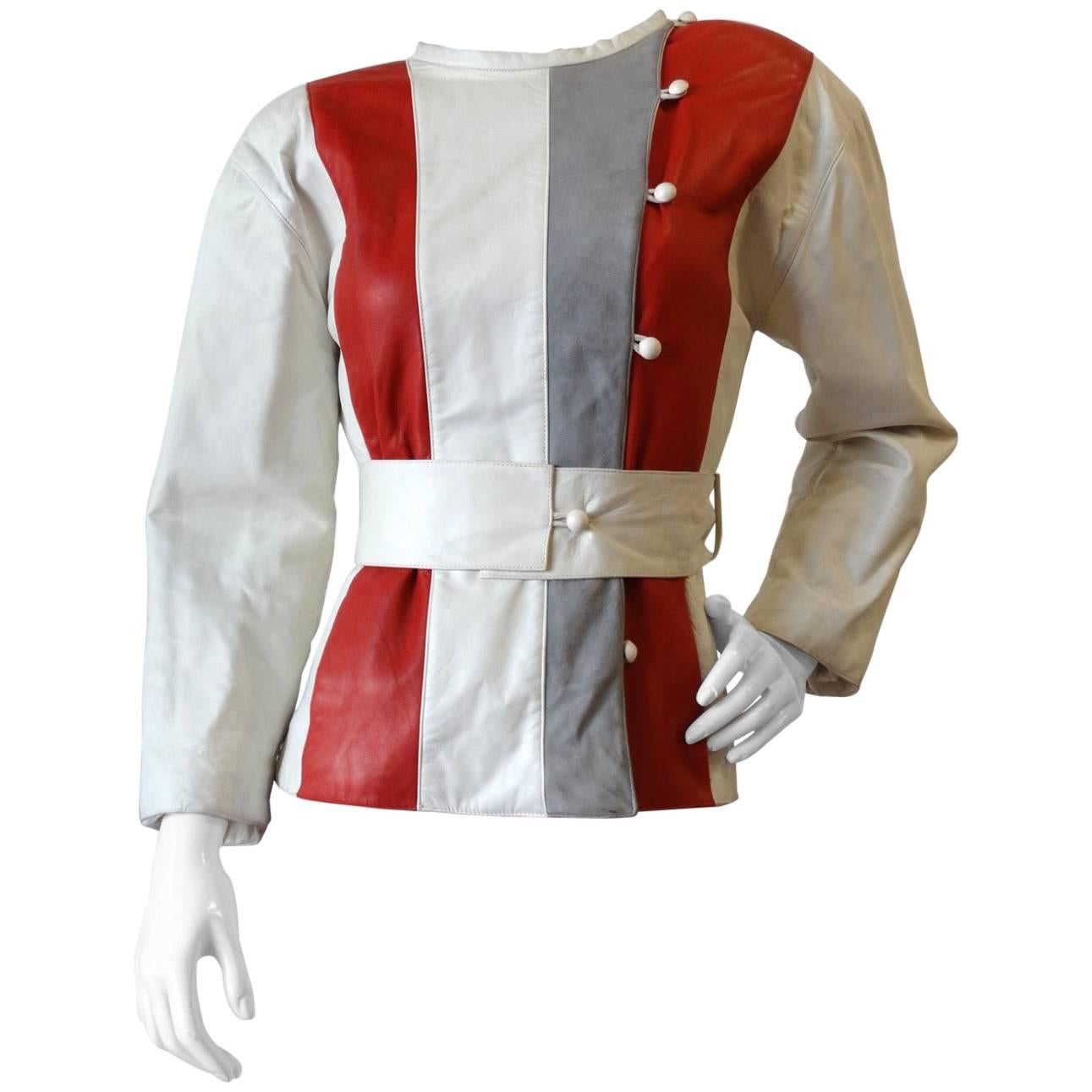 Courreges Striped Leather Belted Jacket, 1980s  For Sale