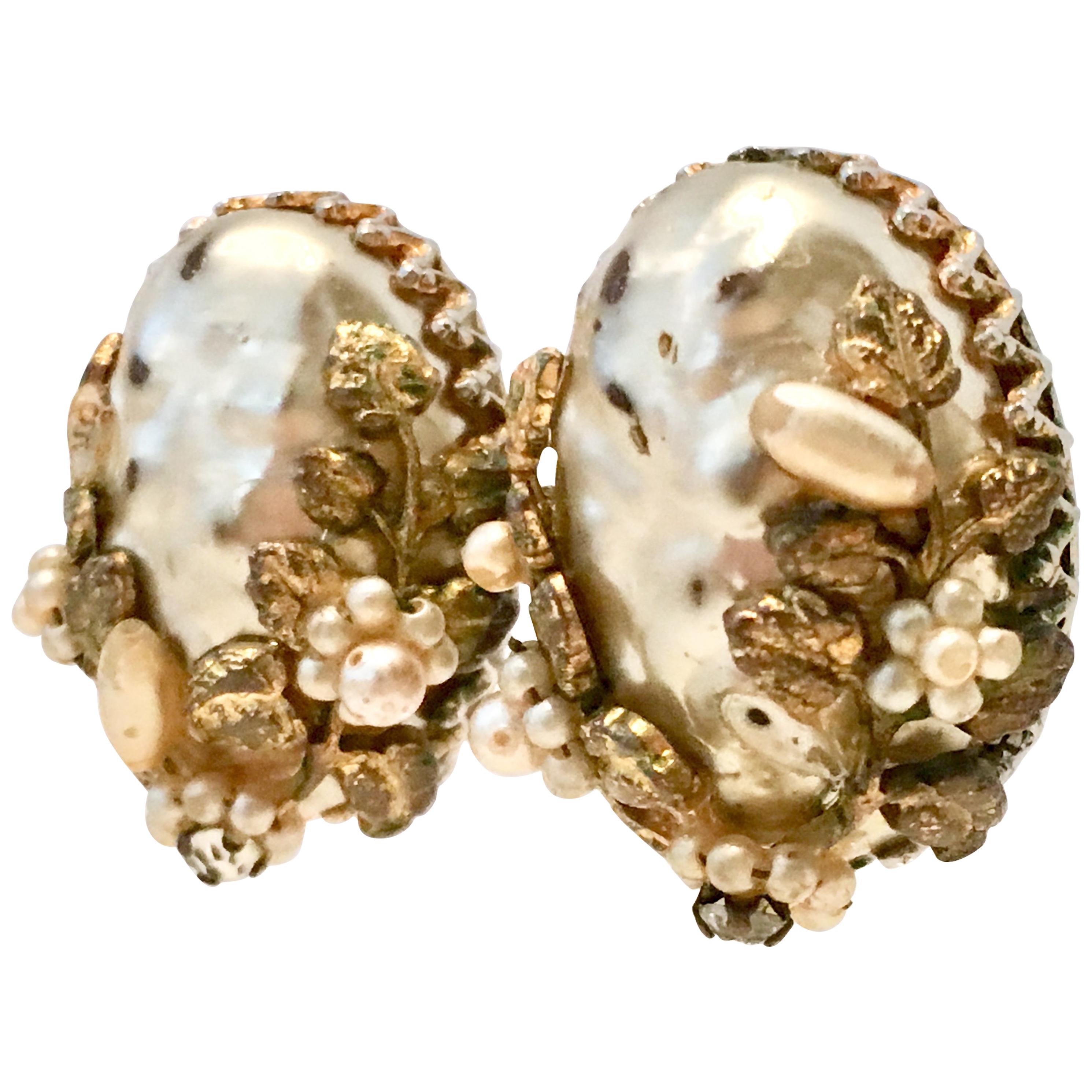 1940'S Gold Faux Baroque & Seed Pearl Organic Form Earrings By, Coro For Sale