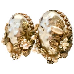 1940'S Gold Faux Baroque & Seed Pearl Organic Form Earrings By, Coro
