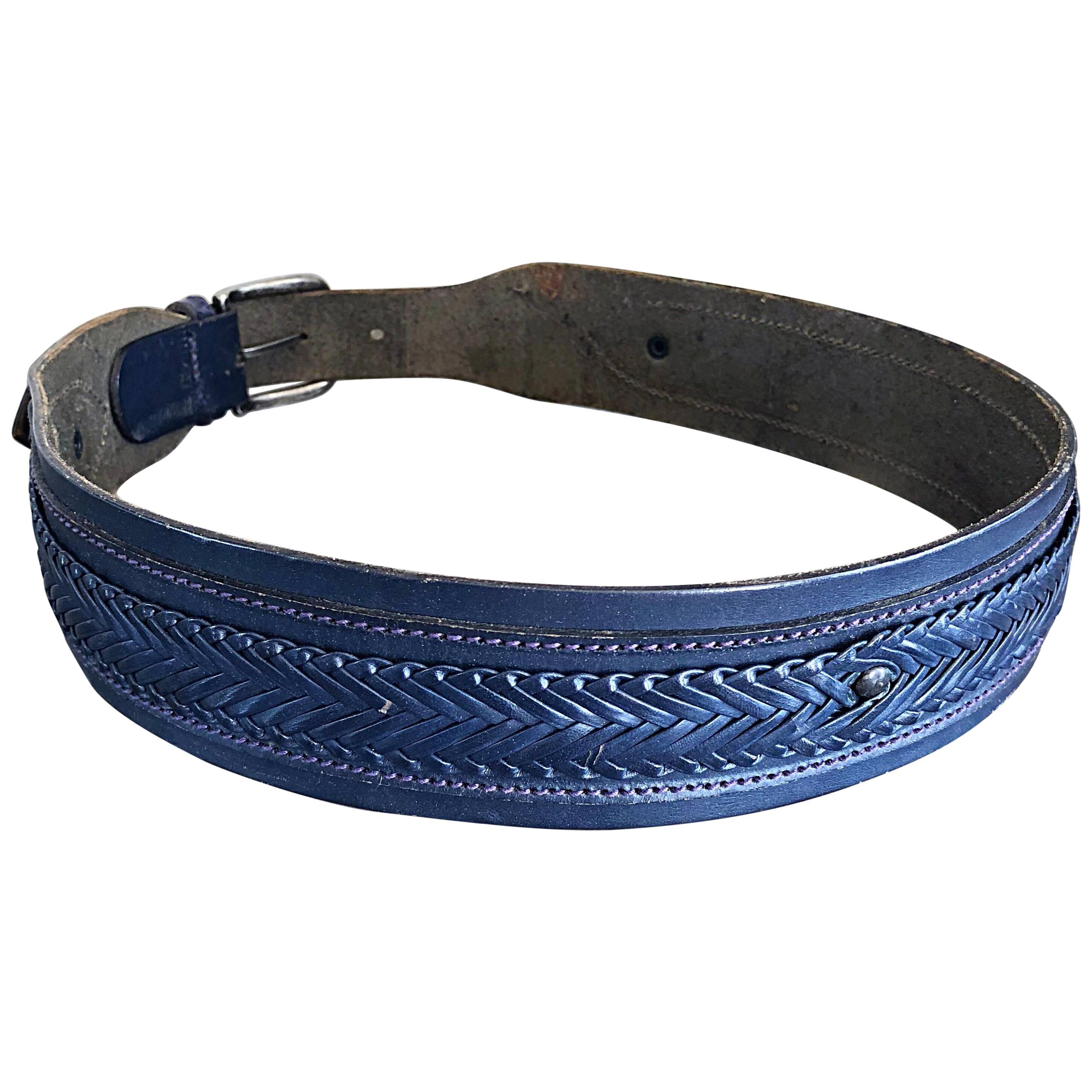 Vintage Giorgio Armani Navy Blue 1980s Unisex Leather Braided Western 80s Belt
