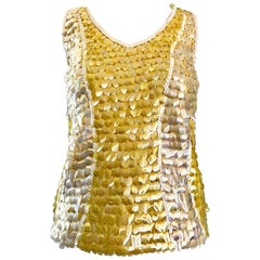 Vintage 1960s Yellow + White + Clear Paillettes Sequined Lamb's Wool Sleeveless 60s Top