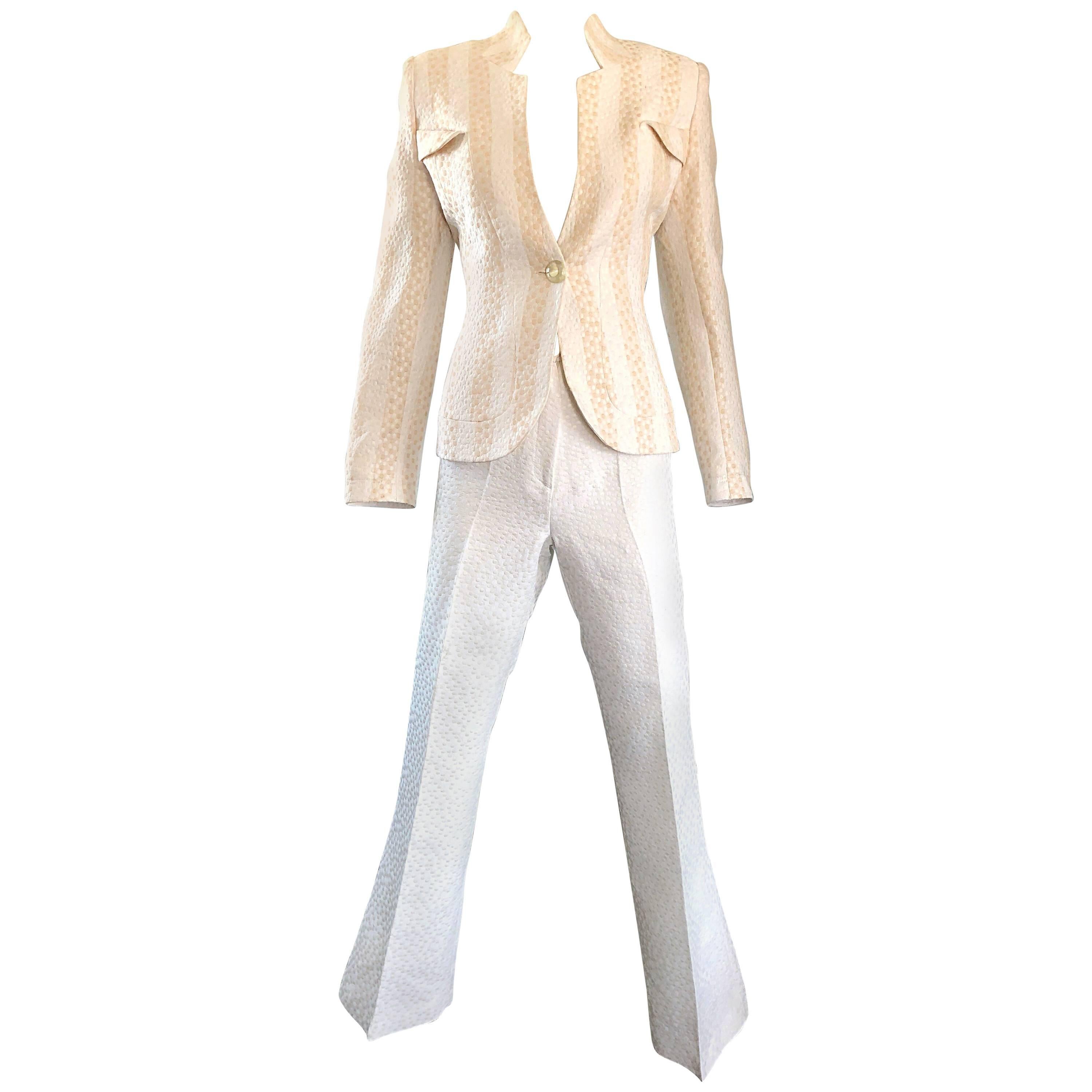 Vintage Max Nugus Couture 1990s White + Beige Polka Dot 90s Tailored Pant Suit