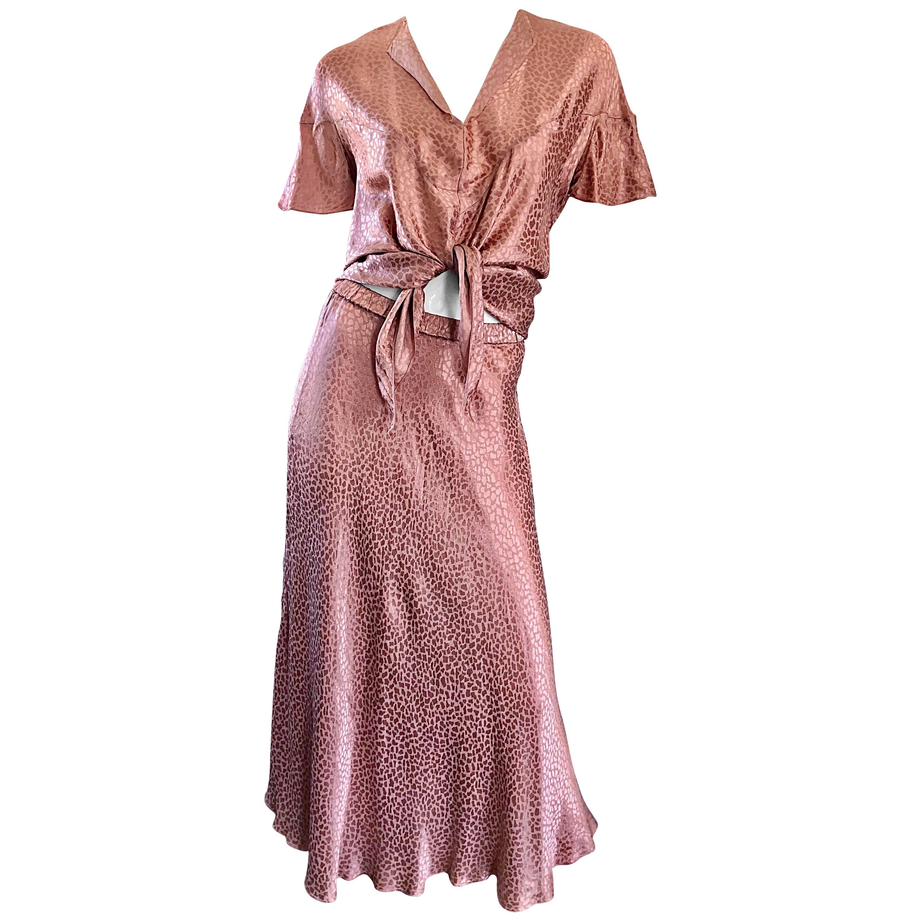 1970s Holly's Harp Pink Rose Leopard Print Vintage 70s Silk Crop Top + Skirt