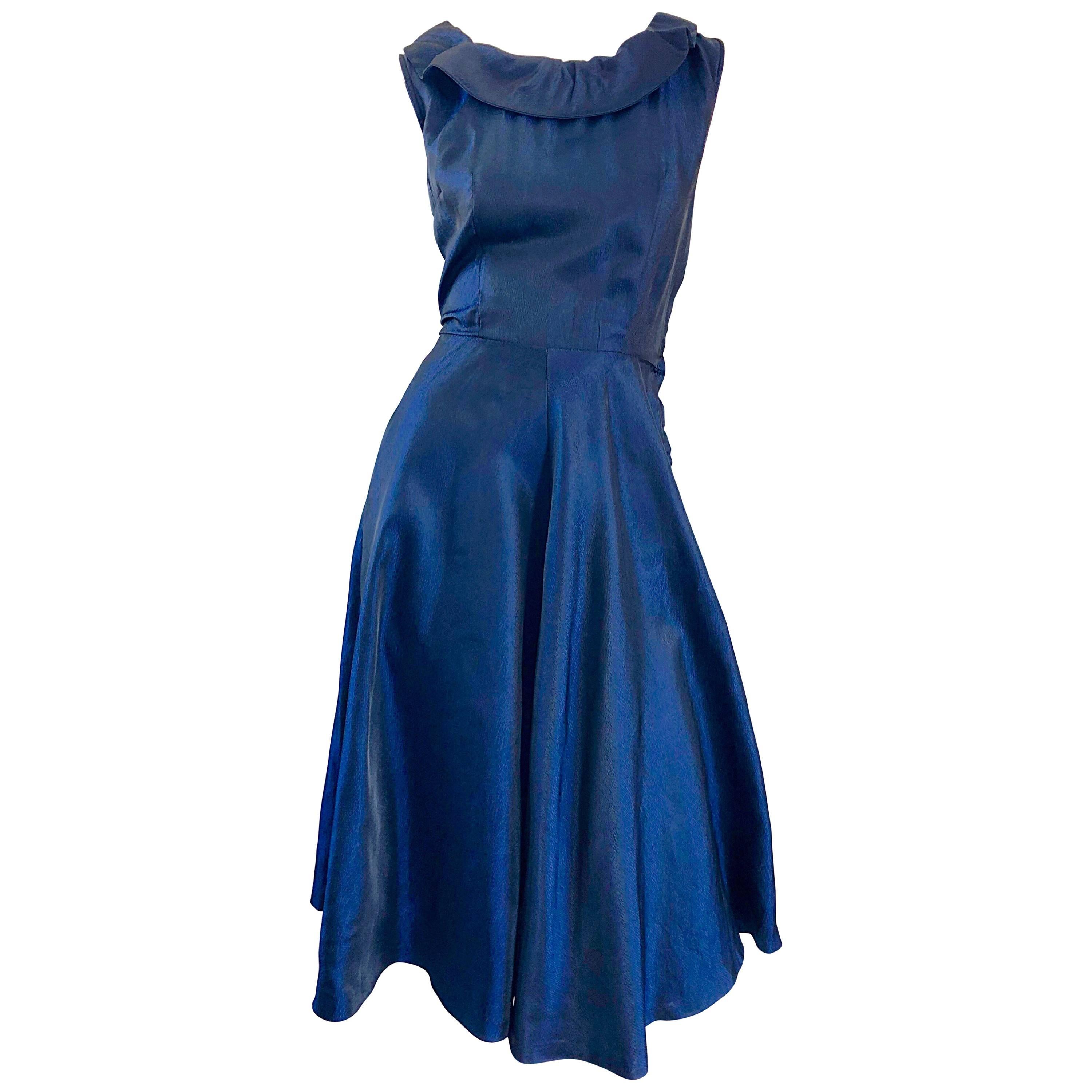 1950s Navy Midnight Blue Fit n ' Flare Vintage 50s Demi Couture Silk Dress For Sale