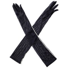 Dries Van Noten Long Black Mesh Gloves With Side Pearl Embellishments