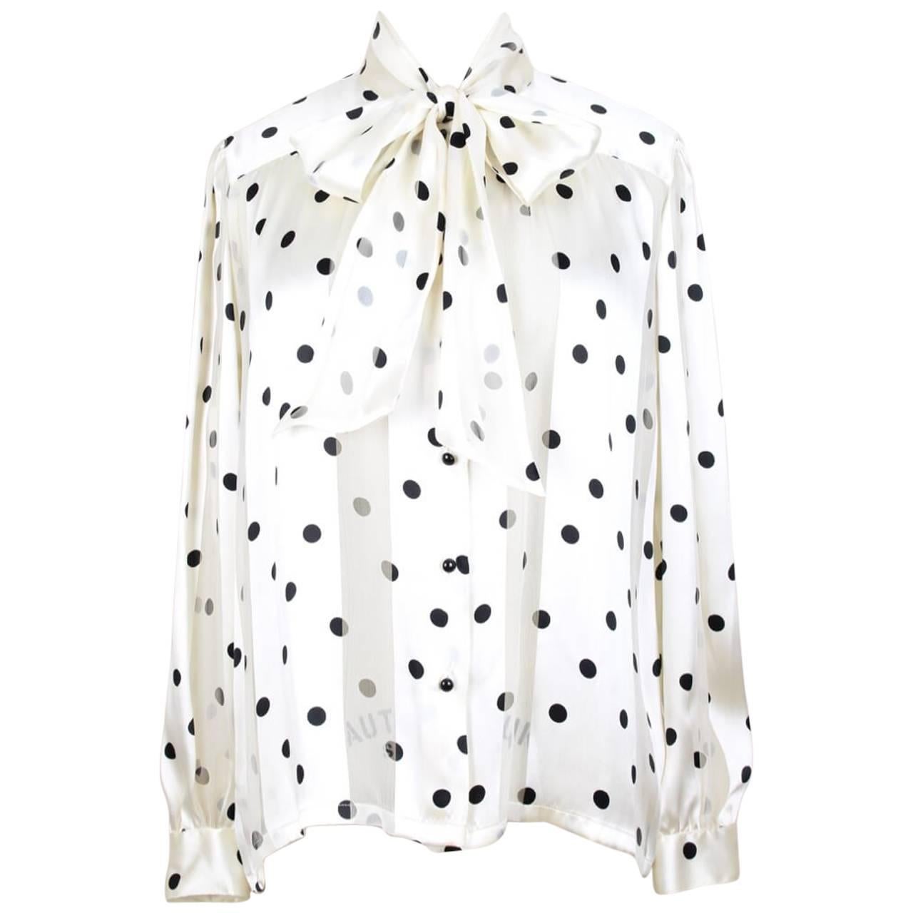 Louis Féraud Cream & Black Polka Dot Silk Bow Tie Vintage Blouse, 1980s