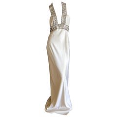 Azzaro Low Cut Ivory Dress with Bold Crystal Jewel Details
