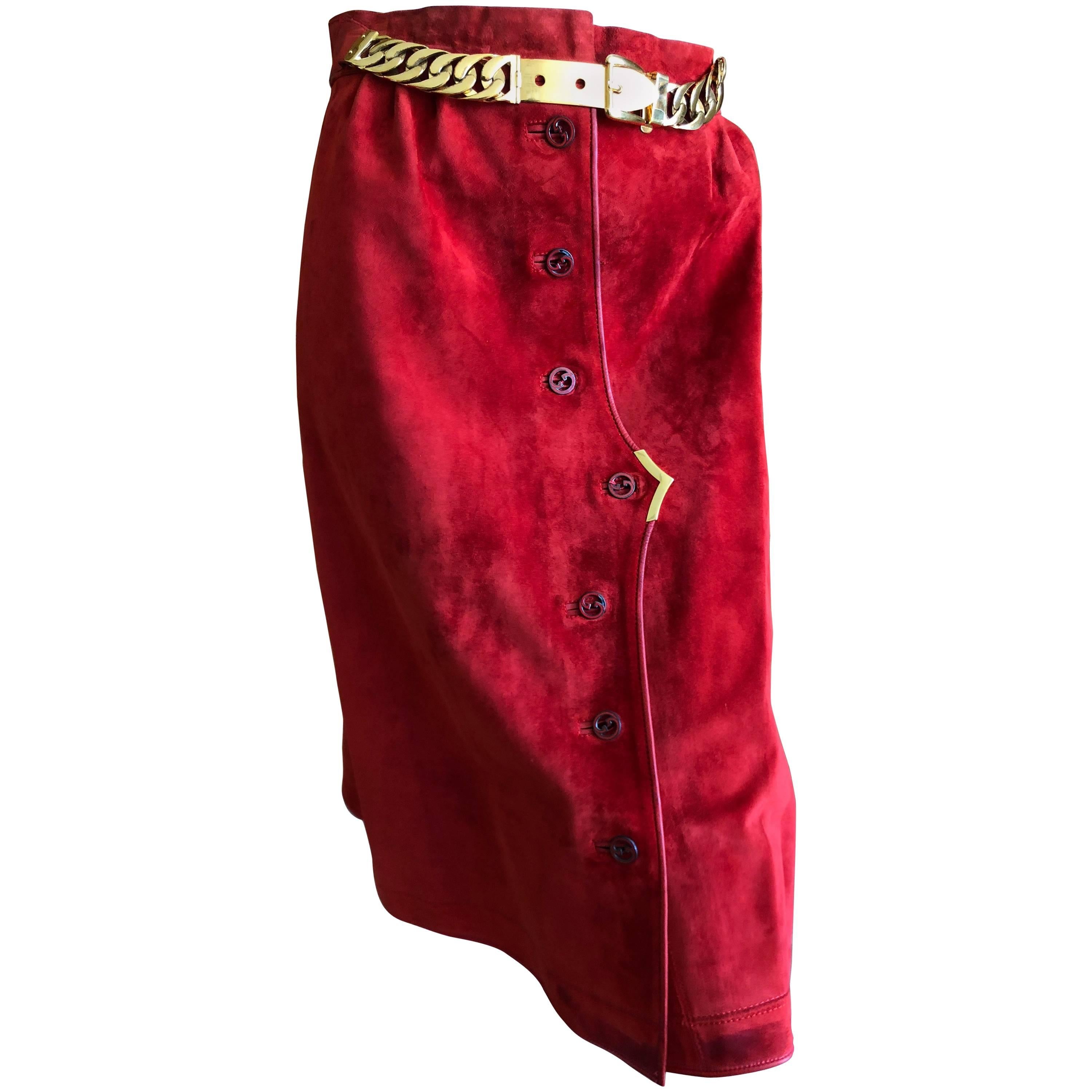  Gucci 1970's Red Leather Trim Suede Skirt with Chain Details and Big GG Buttons For Sale