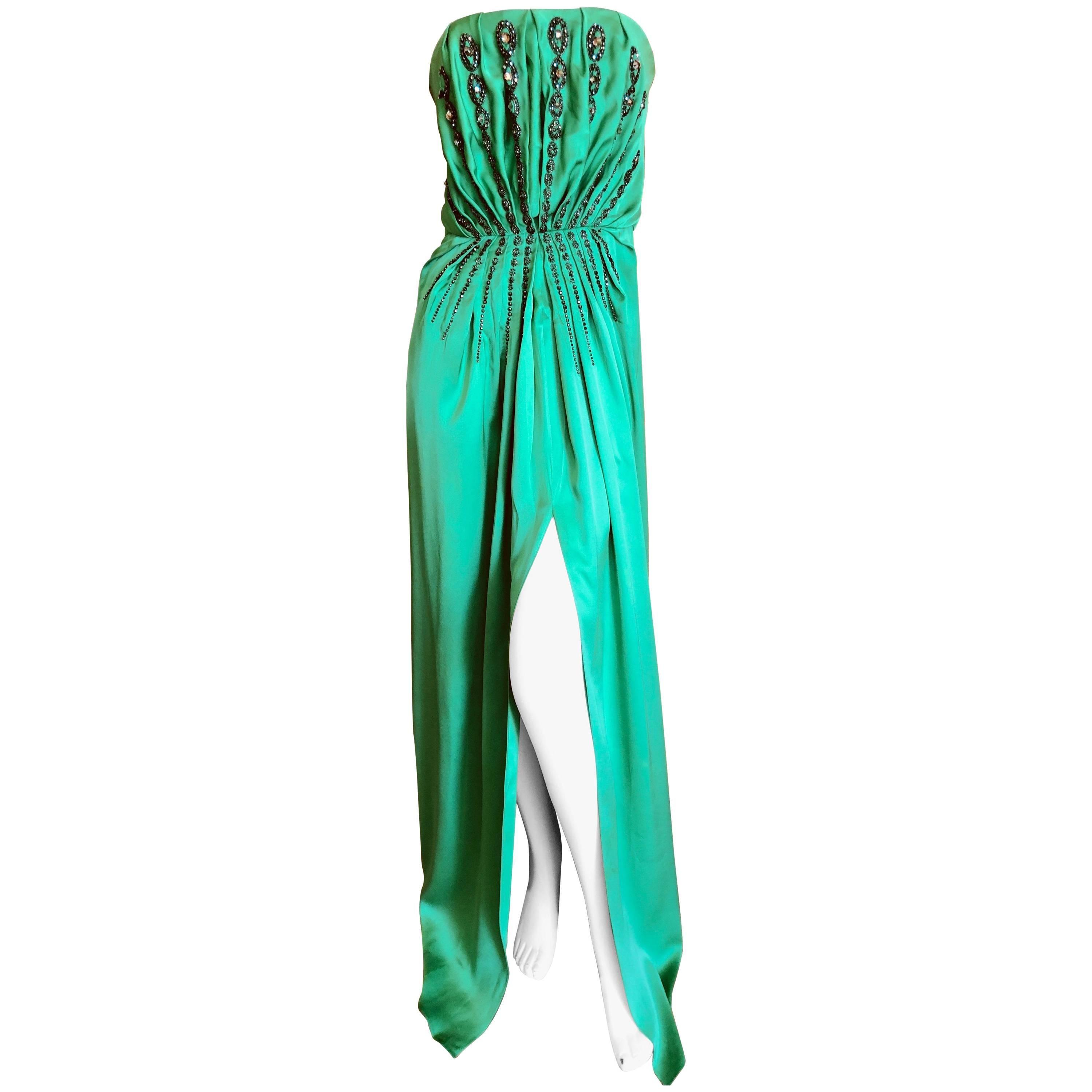 Yves Saint Laurent Edition Soir Embellished Green Silk Strapless Dress New Tags