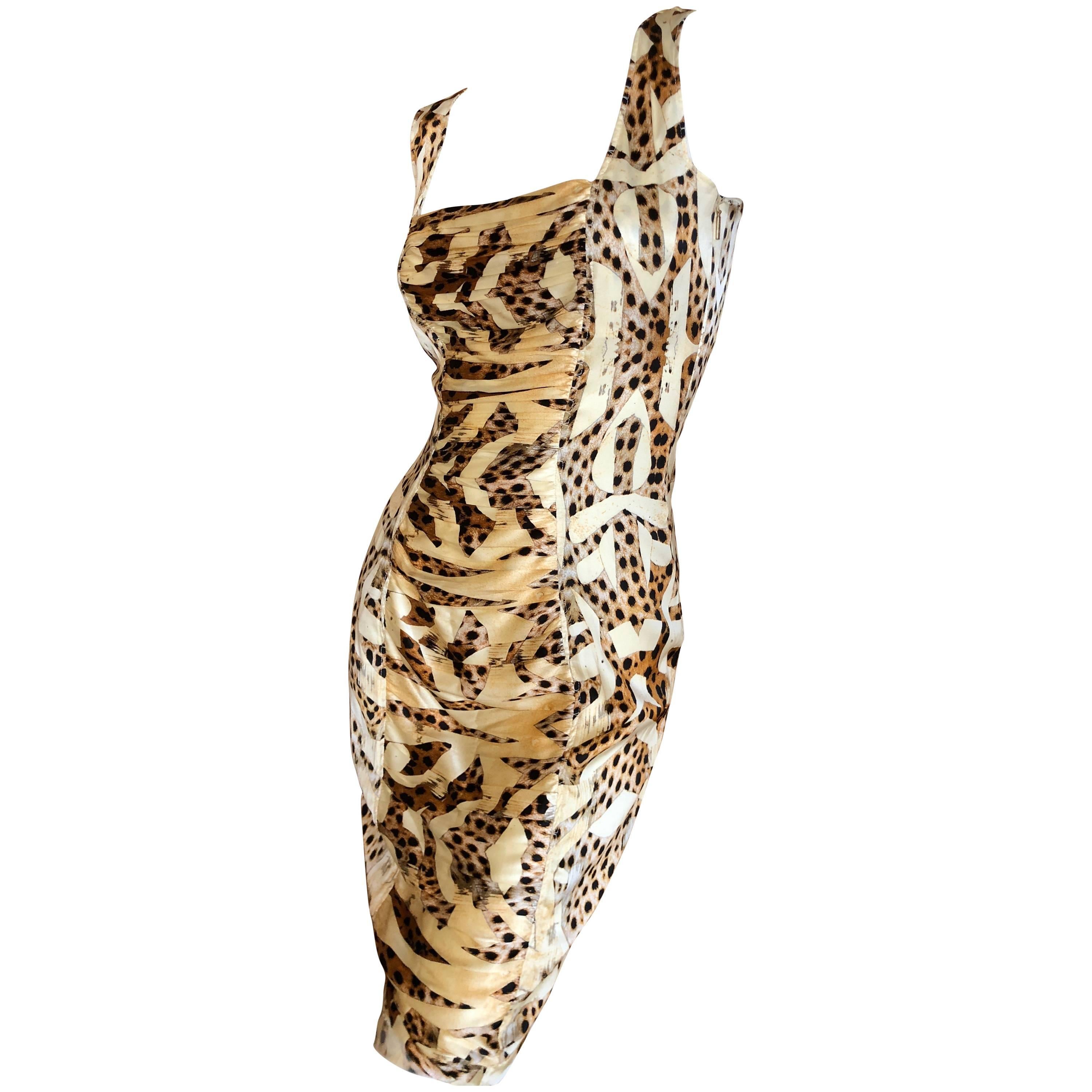 Roberto Cavalli Vintage Ruched Silk Leopard Print Dress For Sale