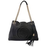Gucci Soho Interlocking GG Black Leather Chain Flap Shoulder Bag Handb