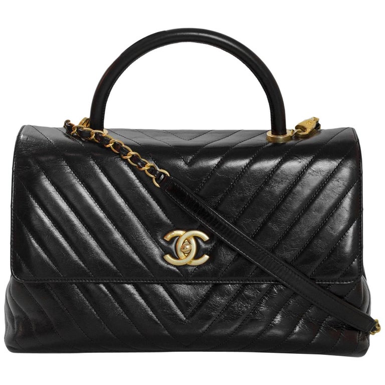 Chanel 2017 Black Distressed Calfskin Leather Medium Coco Top Handle Bag For Sale at 1stDibs