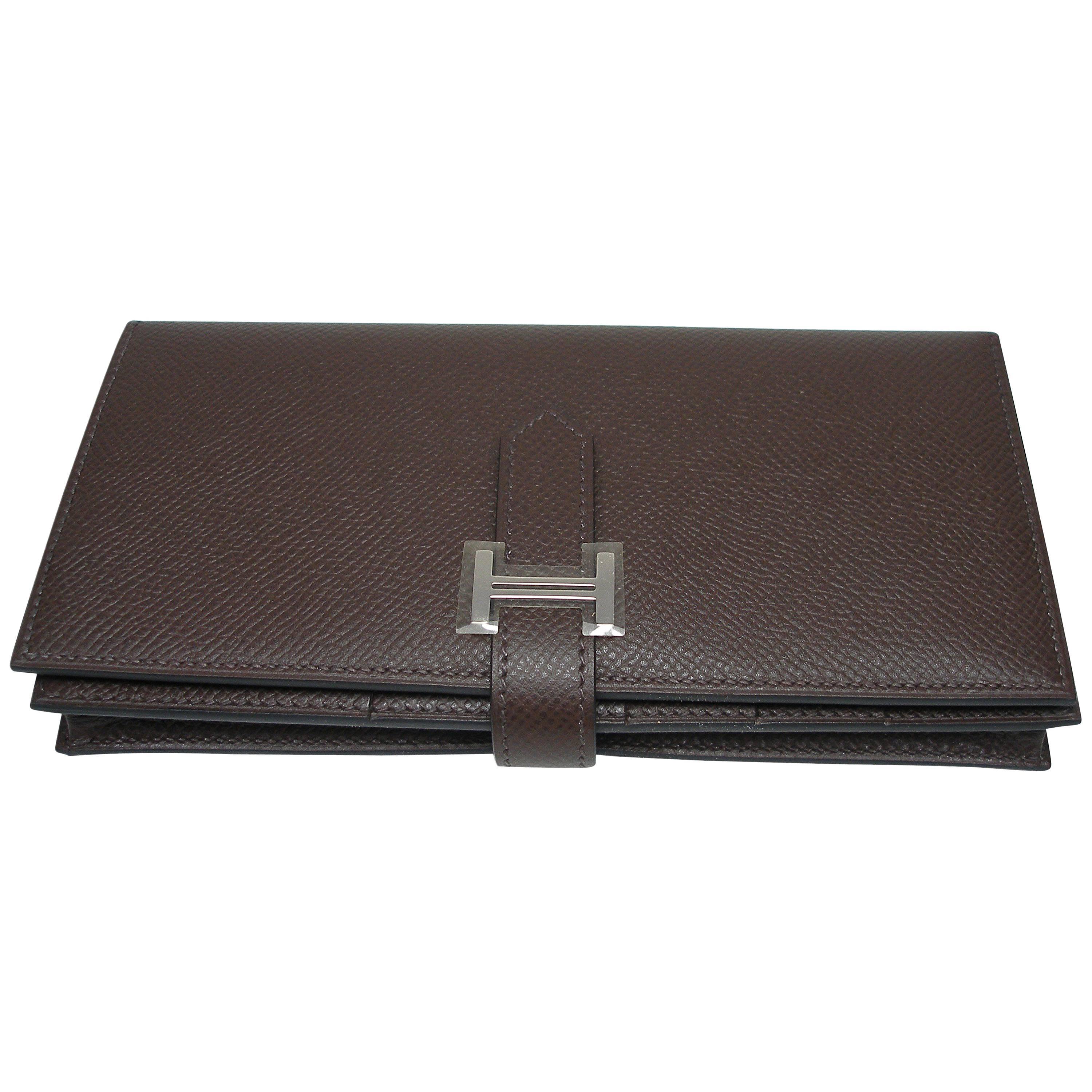 Hermès Béarn Soufflet Wallet Brown Chocolat Epsom Leather H claps / Brand New  For Sale